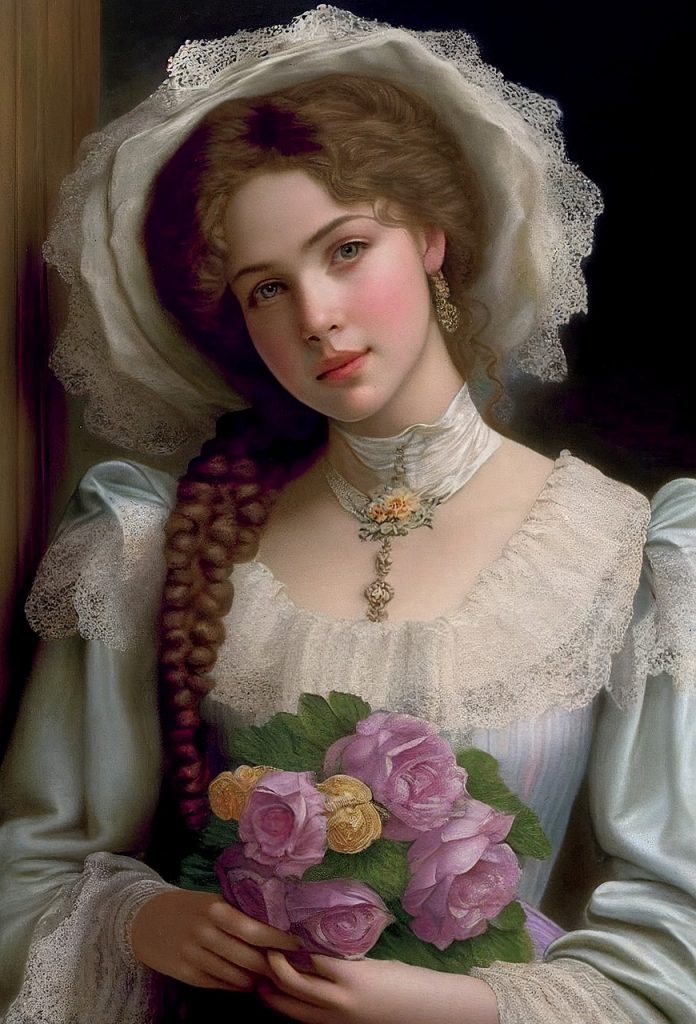 Victorian woman wearing white hat and holding pink roses in hands